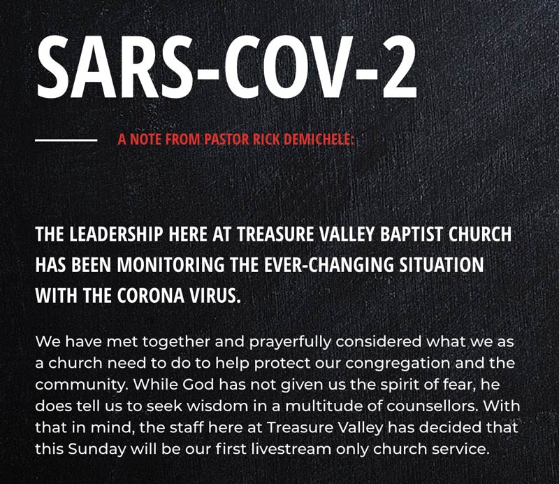 Treasure Valley Baptist Notice of Shutdown